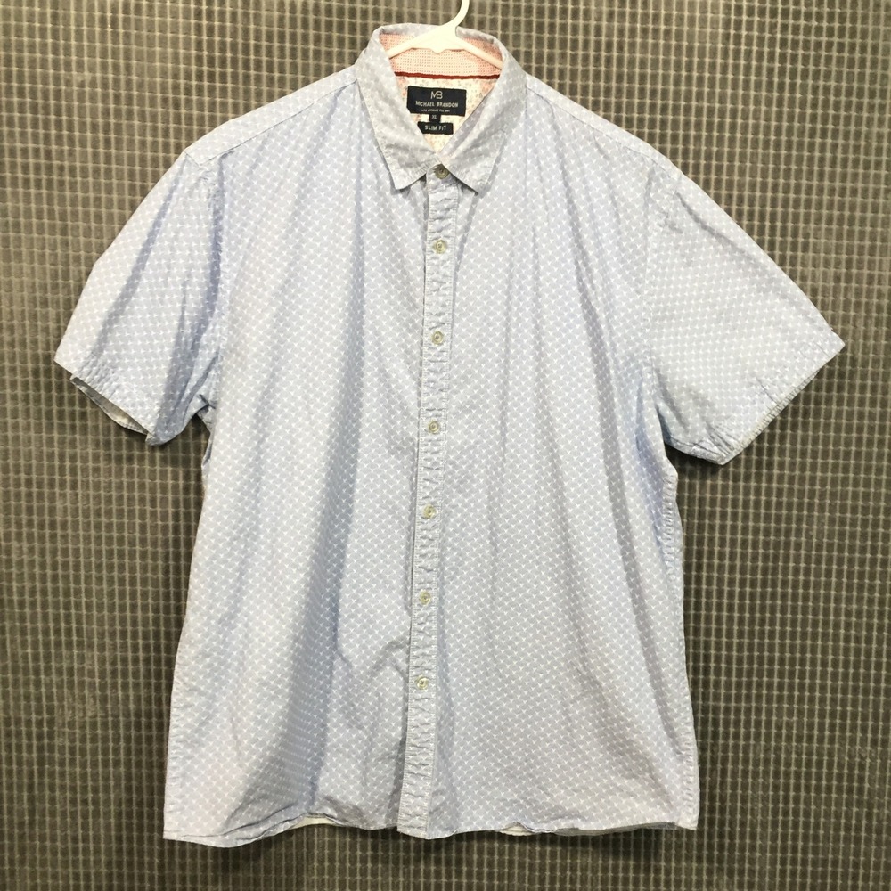 Michael Brandon Mens XL Slim Fit Short Sleeve Button Down Shirt Blue Geometric